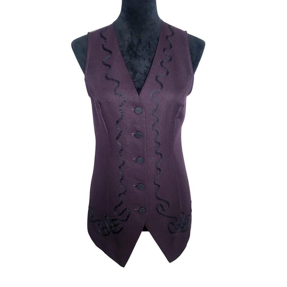 USA Vtg 90s! JAY JACOBS Size 5 Dark Purple Tailored Vest Black Accent Tie Back